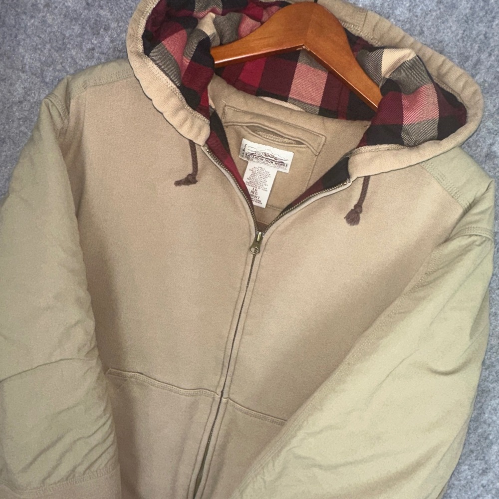 LL Bean Hoodie Mens Large Tan Katahdin Iron Works Plaid Primaloft Sweatshirt